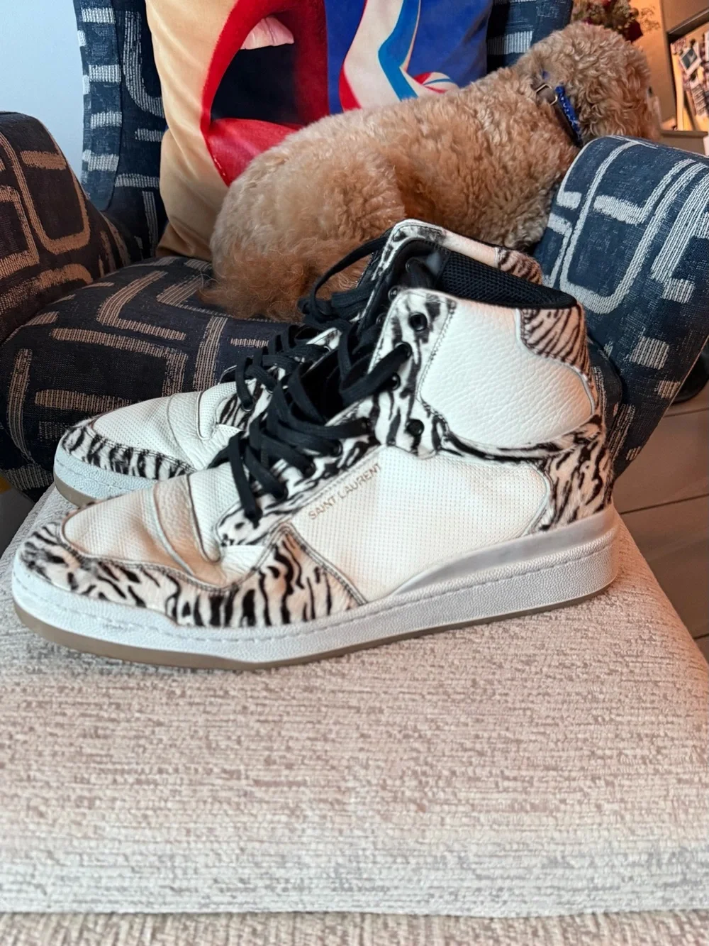 Saint Laurent White and Black Zebra-Print High-Top Sneakers